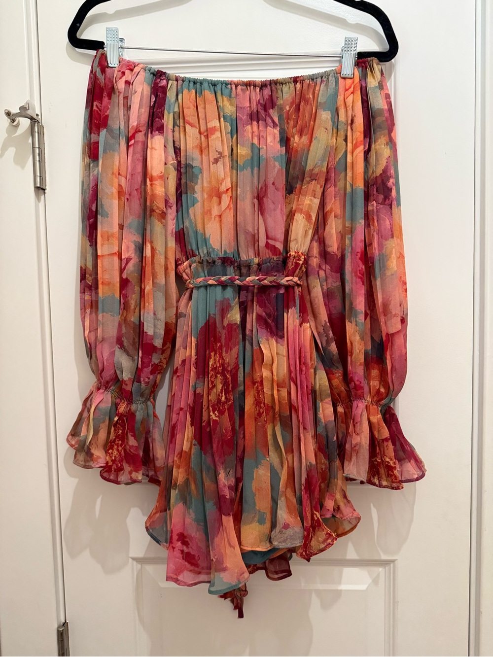 VICI | Natalei Pleated Chiffon Waist Tie Romper - Teal Floral  | SIZE XS - Picture 7 of 9